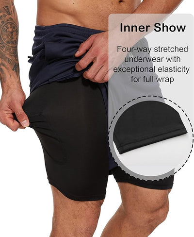 4 Pack Mens 2 in 1 Running Workout Shorts with Liner