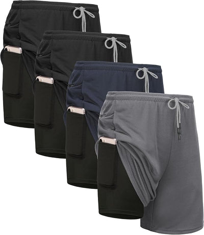 4 Pack Mens 2 in 1 Running Workout Shorts with Liner
